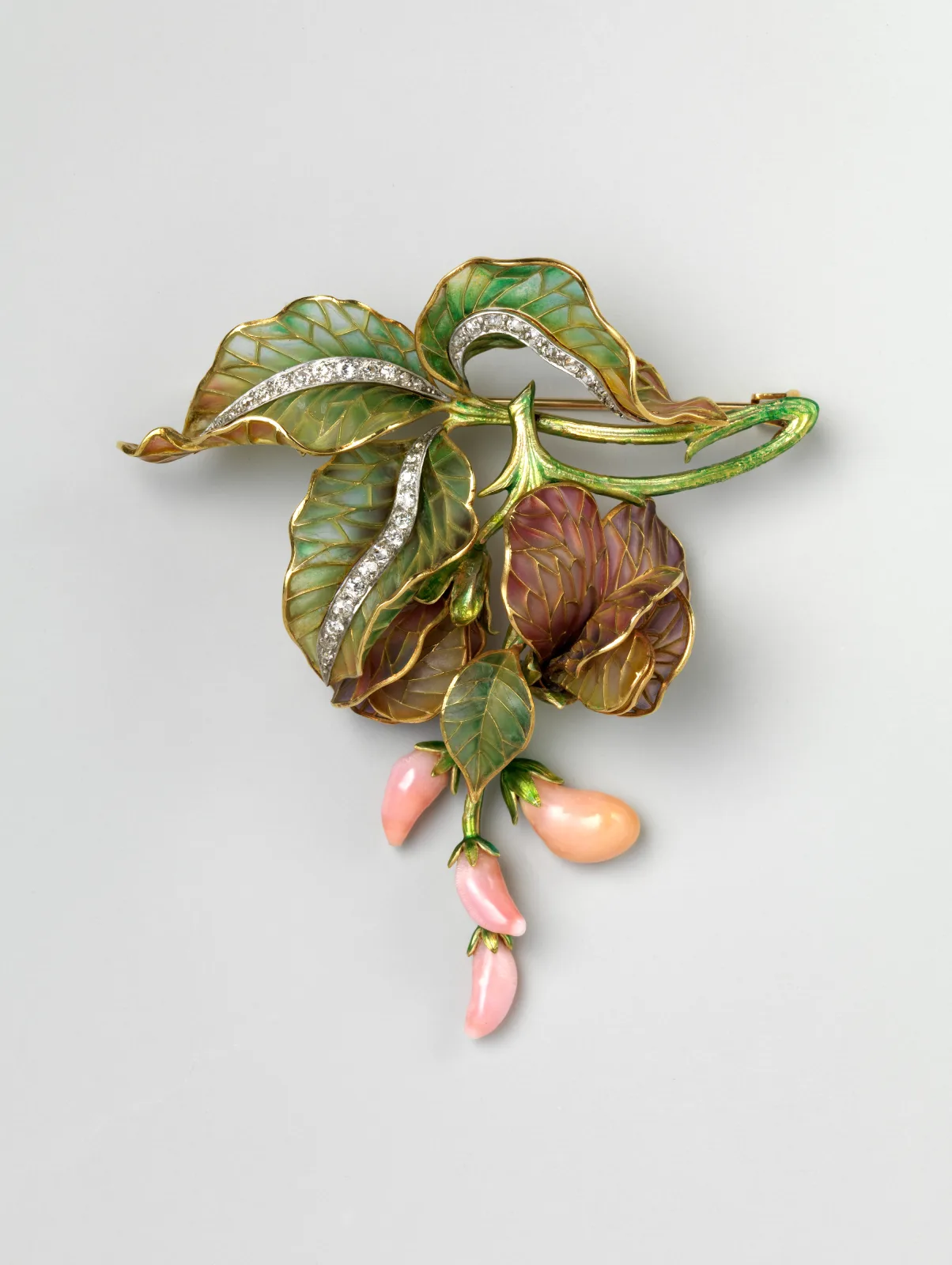 Marcus and Co. Art Nouveau plique-à-jour enamel brooch with conch pearl and diamonds creating a stained-glass winged effect