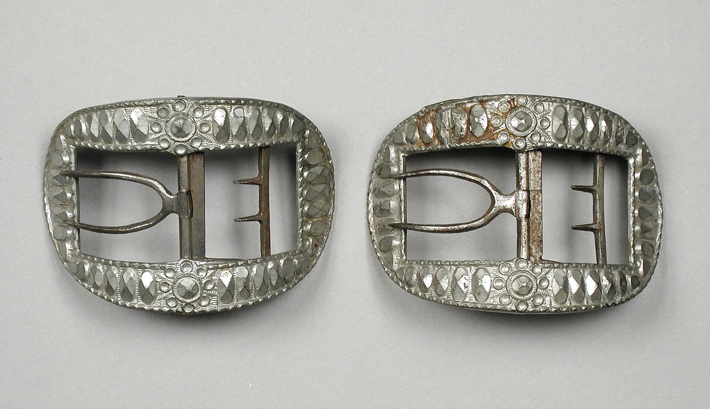 Pair of eighteenth-century men's shoe buckles, the rectangular frames edged with rows of small faceted steel studs around the central prong bar
