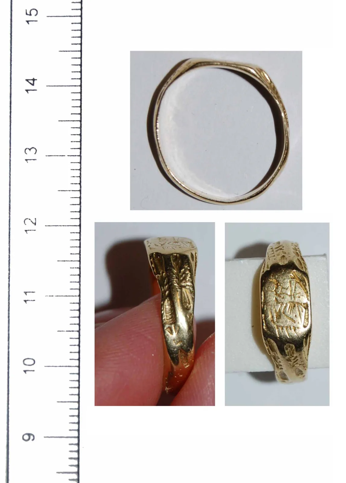 Late medieval gold ring with figures engraved around the outside of the band, shown from several angles against a scale