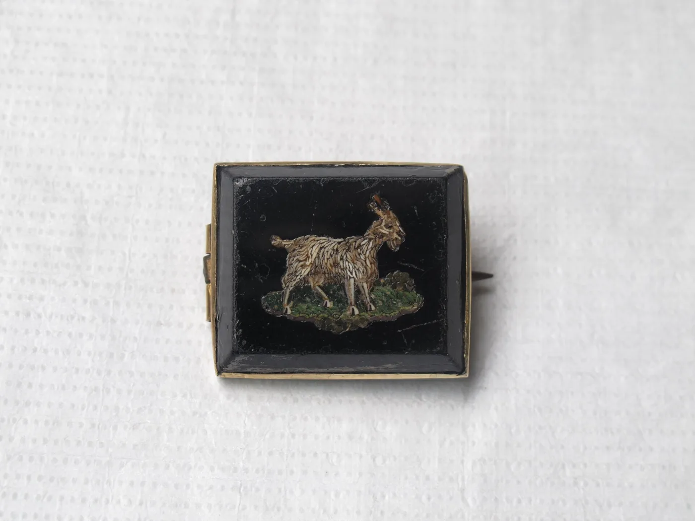 Small rectangular brooch in a thin gilt frame, a goat standing on a patch of grass worked in pale and brown tesserae against a solid black ground