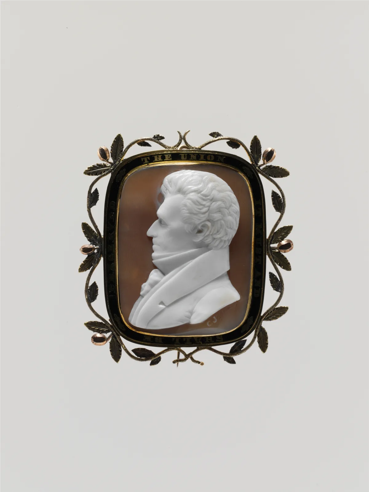 Shell cameo of a man in left-facing profile with wavy hair, a high collar and a stock, set in a black enamel frame with a gold border of leaves and berries